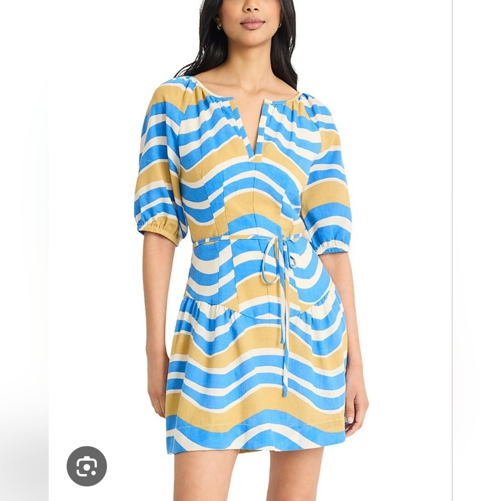 The Good Journey Women's Blue Yellow Striped V Neck Tie Waist Mini Dress Size 12